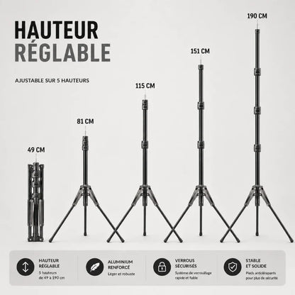 Infographie pied lumiere réglable sur 5 hauteurs de 49 cm a 190 cm, aluminium renforcé, verrous sécurisés, stable et solide