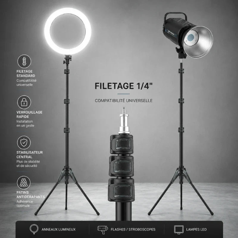 Pied lumiere noir avec ring light et lampe studio montées, filetage 1/4 compatibilité universelle, compatible anneaux lumineux flashes lampes LED