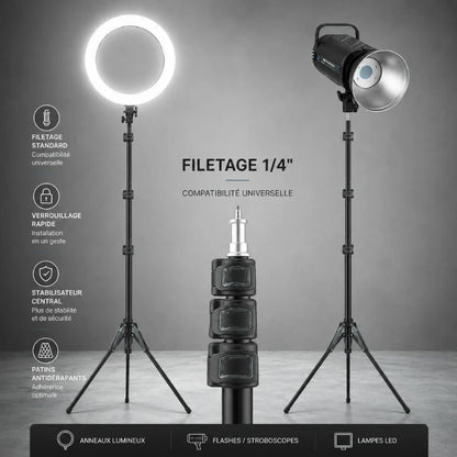 Pied lumiere noir avec ring light et lampe studio montées, filetage 1/4 compatibilité universelle, compatible anneaux lumineux flashes lampes LED