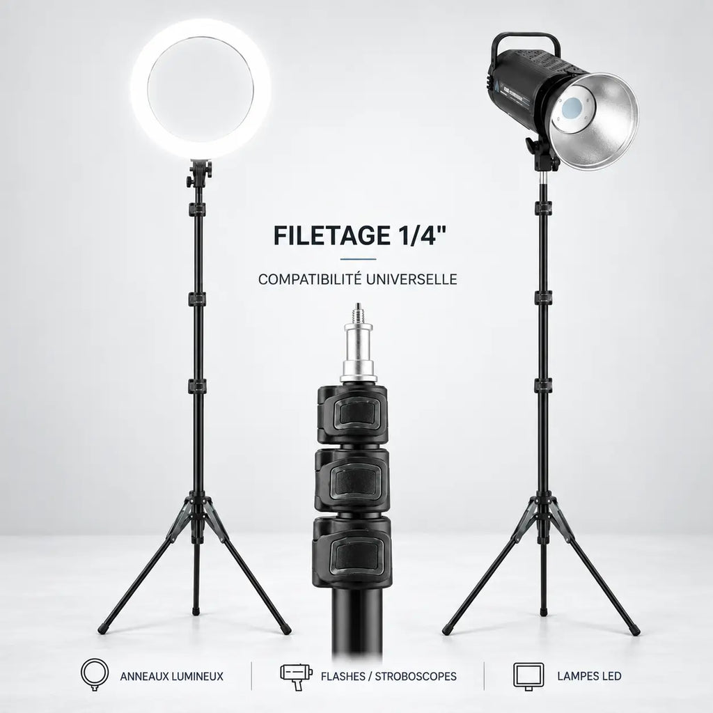 Trépied Lumière 190 CM Motifs Gris - réglage et fixation du trépied pour lumière, Ring Light & Softbox, Sac de Transport inclus