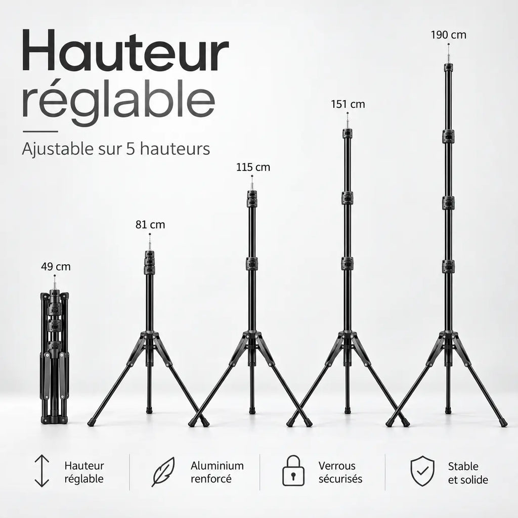 Trépied Lumière 190 CM Motifs Gris - vue de détail du trépied pour lumière, Ring Light & Softbox, Sac de Transport inclus