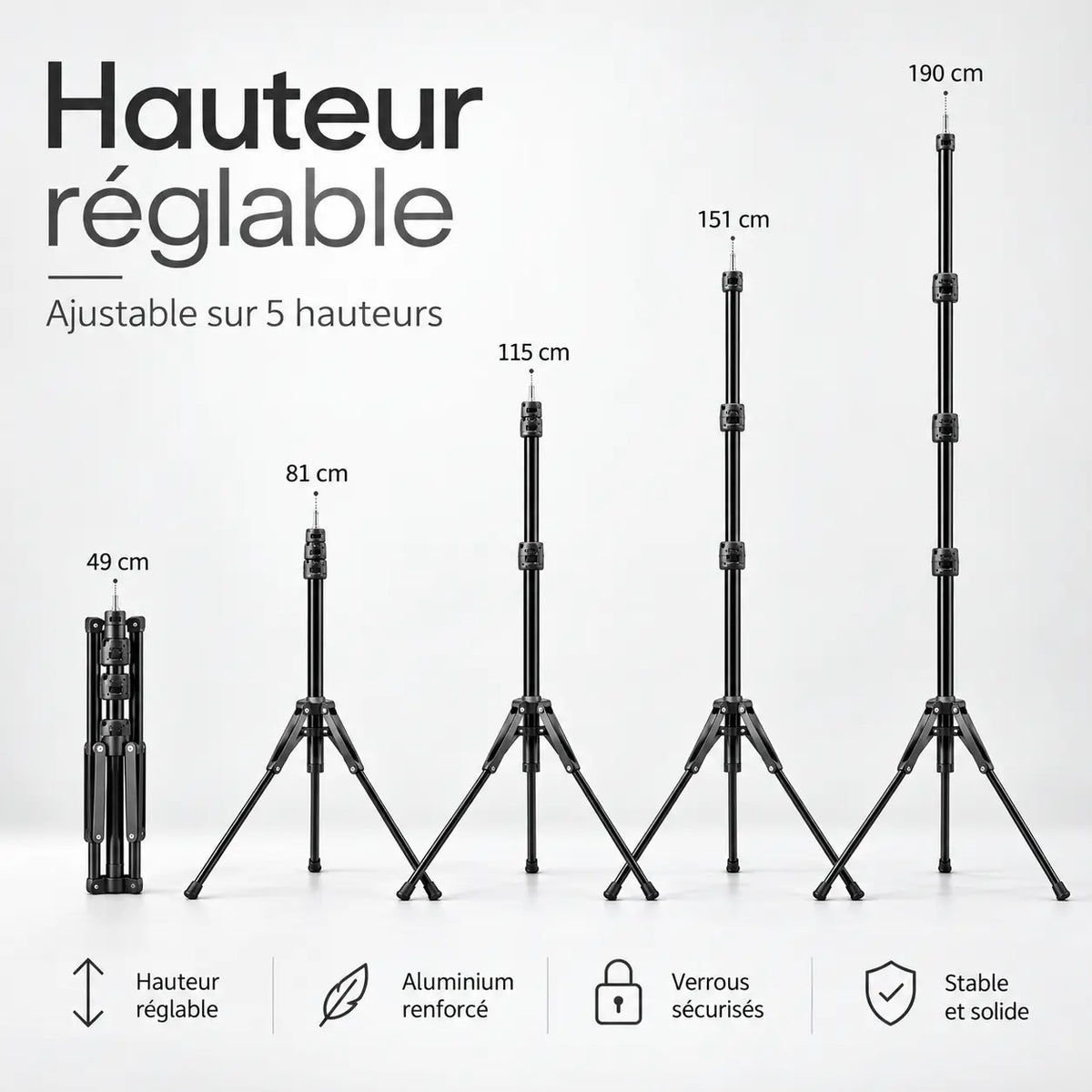 Trépied Lumière 190 CM Motifs Gris - vue de détail du trépied pour lumière, Ring Light & Softbox, Sac de Transport inclus