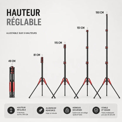 Infographie hauteur réglable sur 5 niveaux de 49 cm a 190 cm, aluminium renforcé, verrous sécurisés, stable et solide