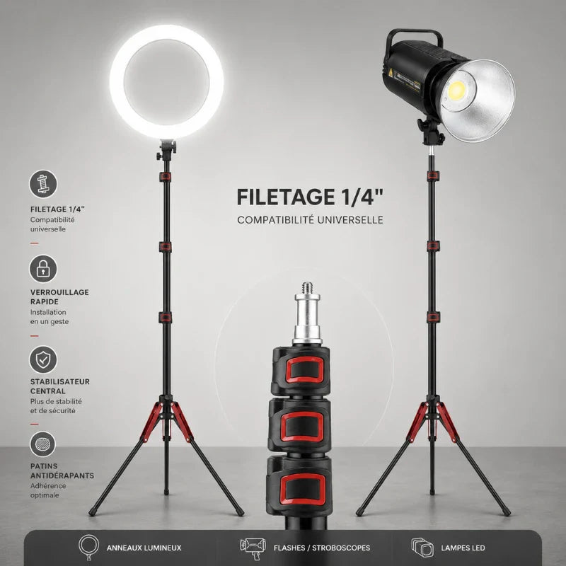 Pied lumiere noir et rouge avec ring light et lampe COB montées, filetage 1/4 compatibilité universelle, compatible anneaux lumineux, flashes, lampes LED