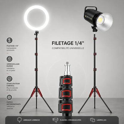 Pied lumiere noir et rouge avec ring light et lampe COB montées, filetage 1/4 compatibilité universelle, compatible anneaux lumineux, flashes, lampes LED