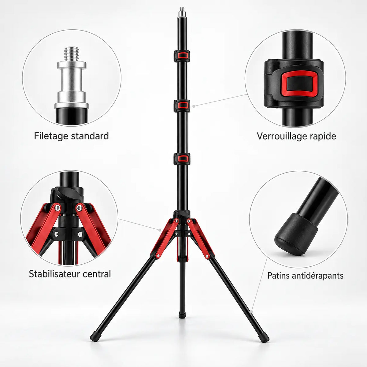 Trépied Lumière 190 CM Motifs Rouges - accessoires inclus avec le trépied pour lumière, Ring Light & Softbox, Sac de Transport inclus