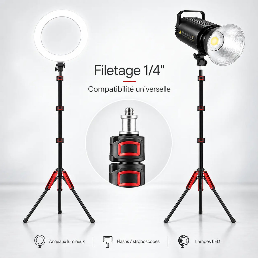 Trépied Lumière 190 CM Motifs Rouges - réglage et fixation du trépied pour lumière, Ring Light & Softbox, Sac de Transport inclus