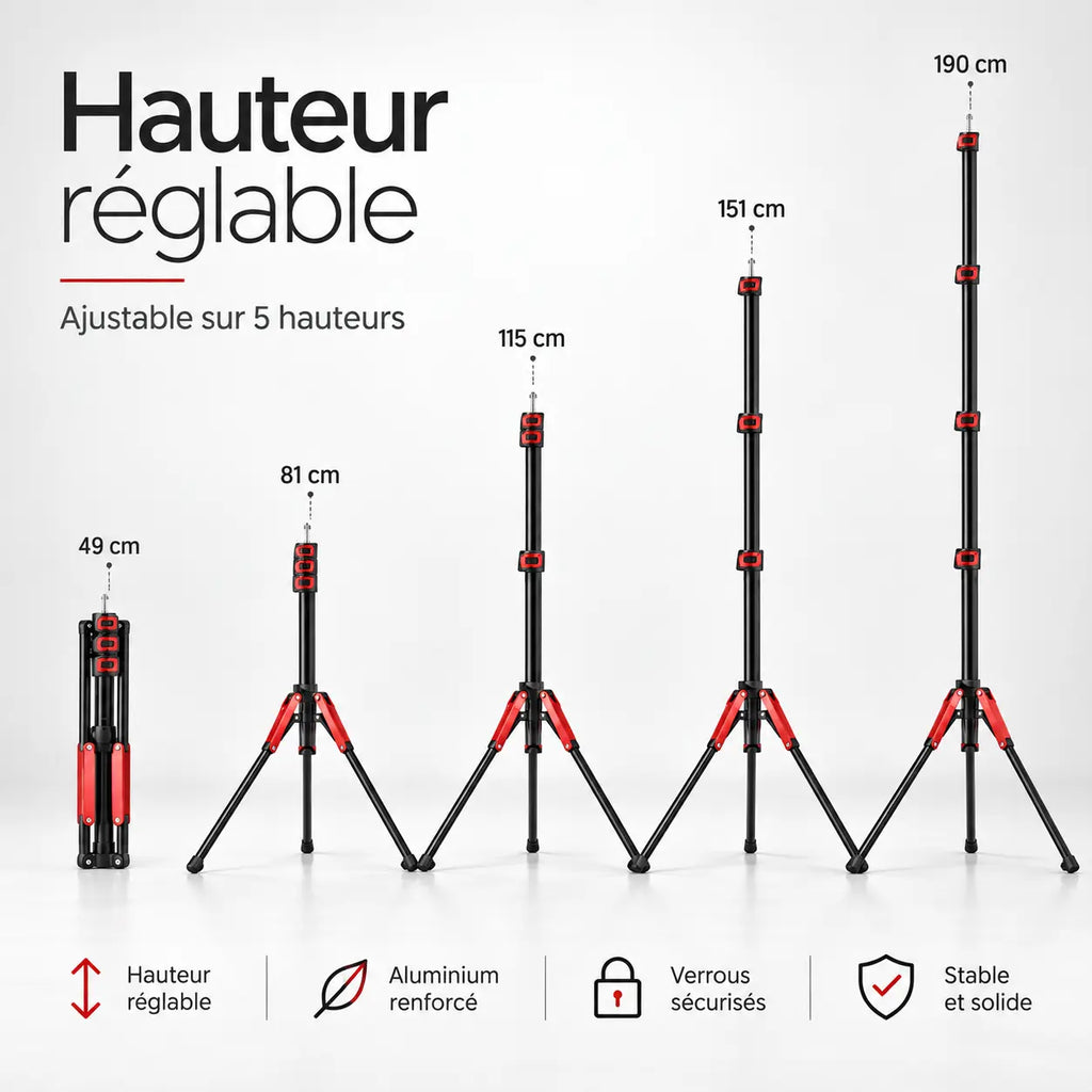 Trépied Lumière 190 CM Motifs Rouges - vue de détail du trépied pour lumière, Ring Light & Softbox, Sac de Transport inclus