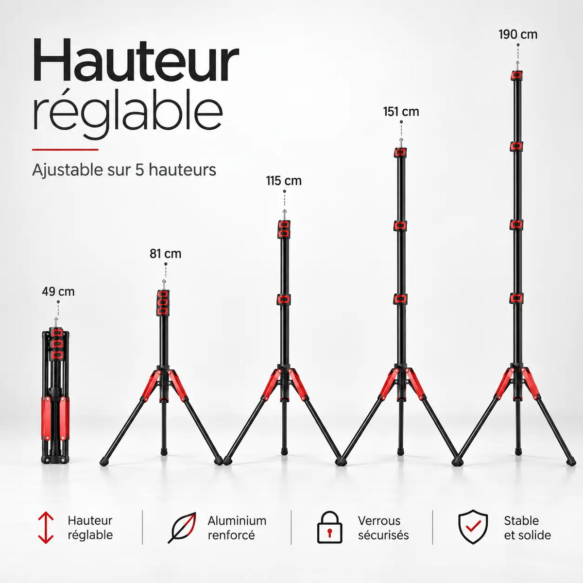 Trépied Lumière 190 CM Motifs Rouges - vue de détail du trépied pour lumière, Ring Light & Softbox, Sac de Transport inclus