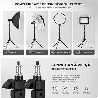 Infographie de compatibilité du trépied lumière avec softbox, parapluie, anneau lumineux et panneau LED, et gros plan du raccord à vis universel 1/4 pouce