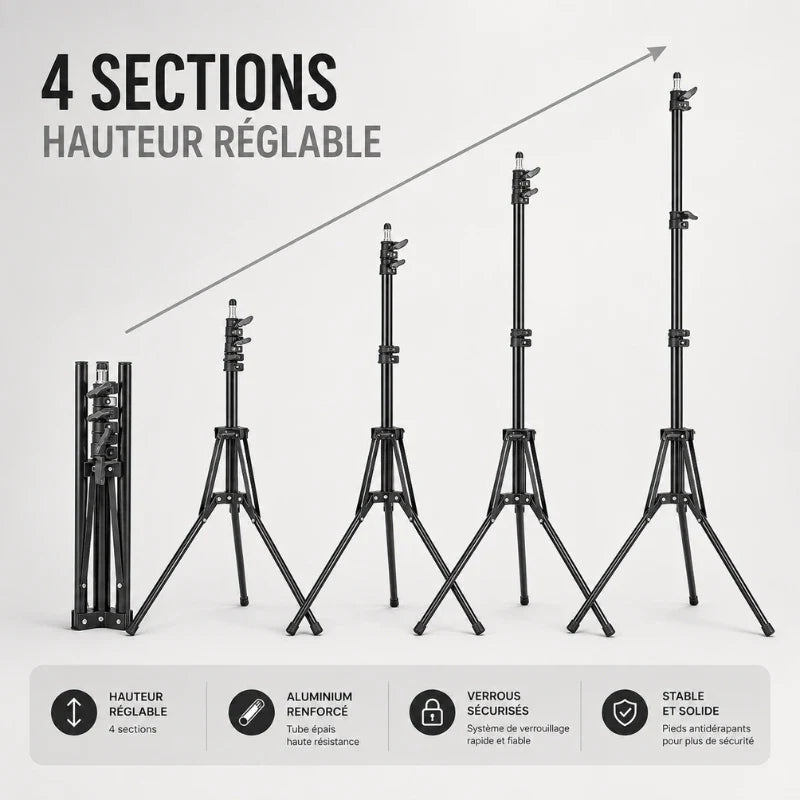 Illustration des 4 positions de hauteur réglable du trépied lumière noir, de replié jusqu'à 200 cm entièrement déplié