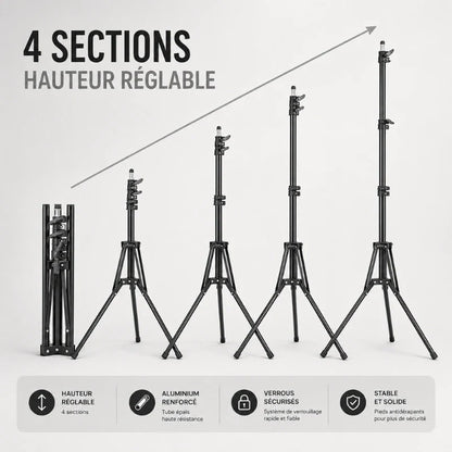 Illustration des 4 positions de hauteur réglable du trépied lumière noir, de replié jusqu'à 200 cm entièrement déplié