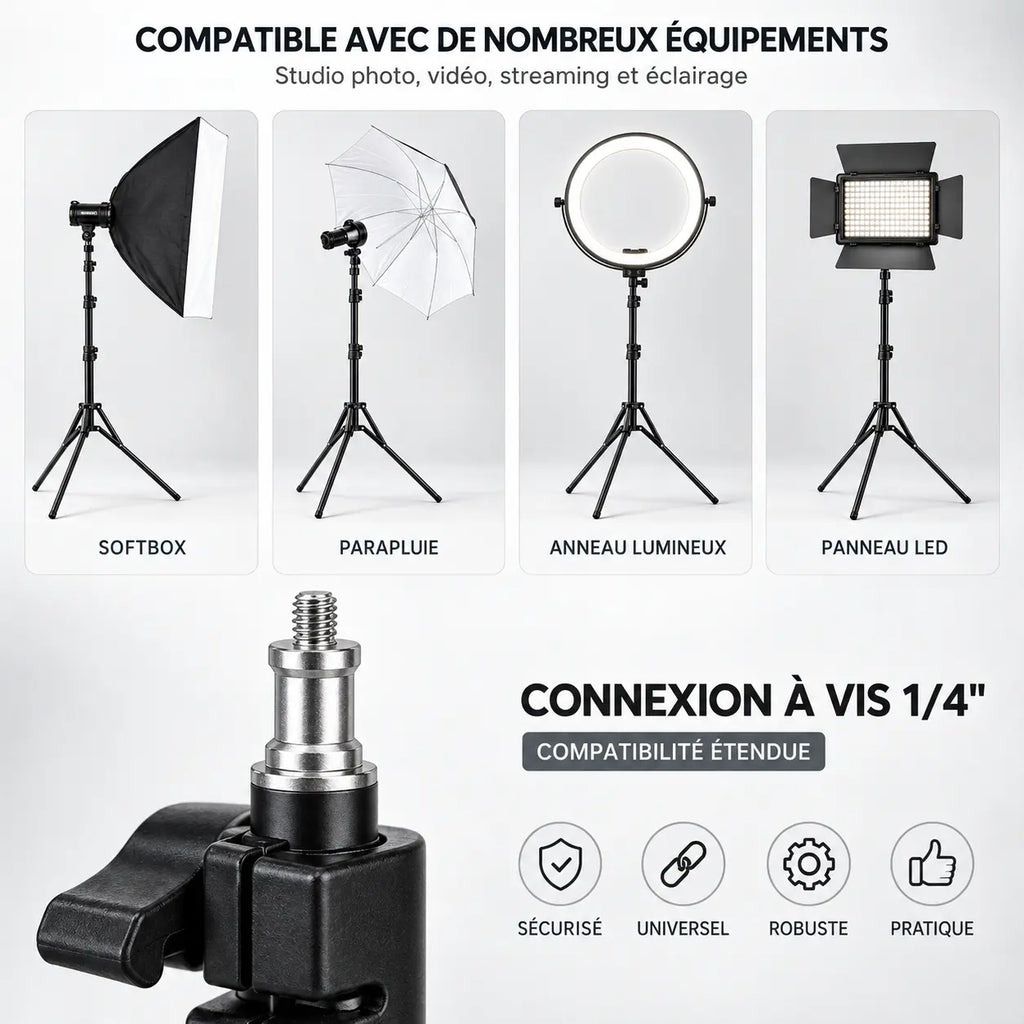 Trépied Lumière 200 CM Noir - accessoires inclus avec le trépied pour lumière, Ring Light & Softbox, Grande Hauteur & Stable