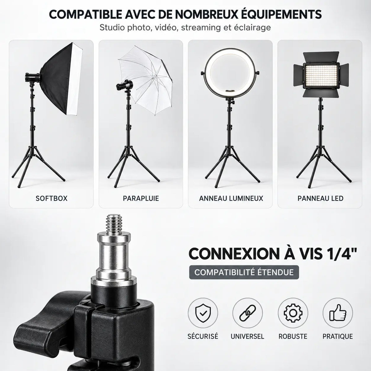 Trépied Lumière 200 CM Noir - accessoires inclus avec le trépied pour lumière, Ring Light & Softbox, Grande Hauteur & Stable