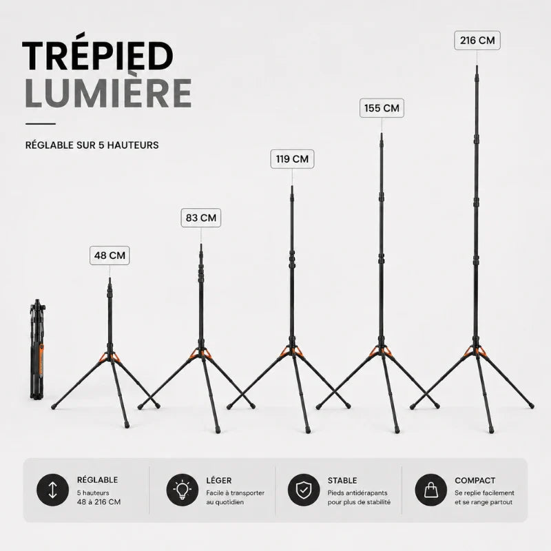 Infographie trépied lumiere réglable sur 5 hauteurs de 48 cm a 216 cm, réglable, léger, stable et compact