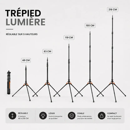 Infographie trépied lumiere réglable sur 5 hauteurs de 48 cm a 216 cm, réglable, léger, stable et compact