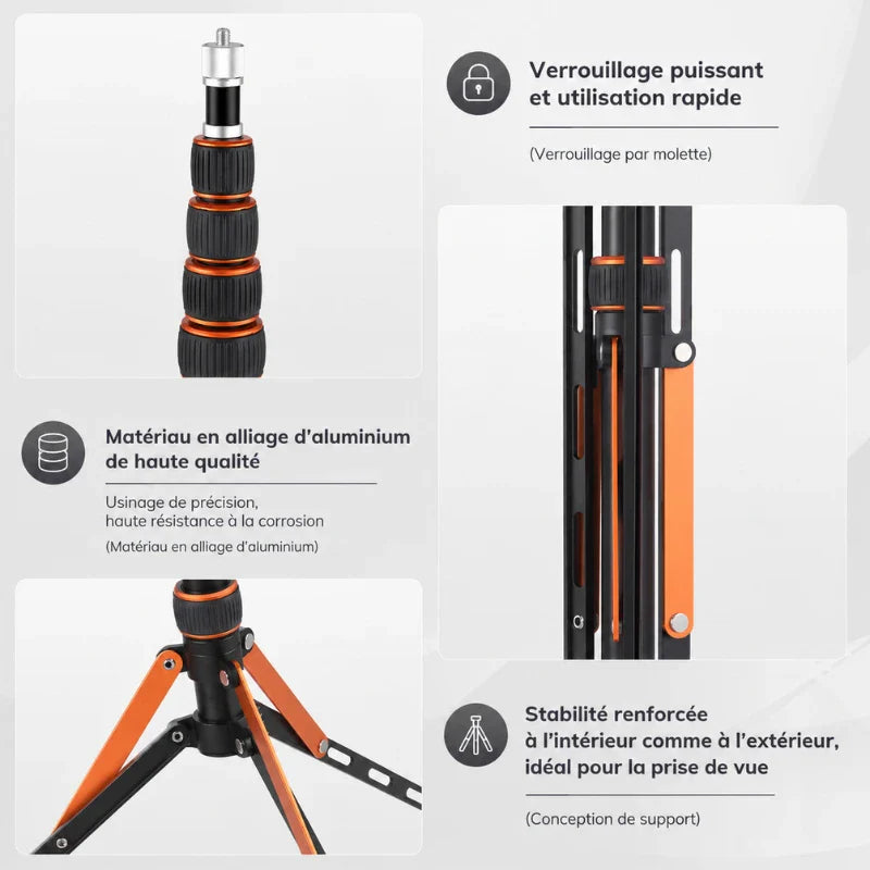 Infographie détails trépied lumiere orange : verrouillage par molette, matériau alliage aluminium haute qualite, stabilité renforcée, pieds pliables