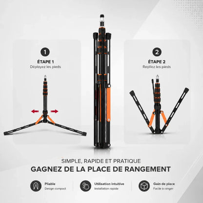 Infographie depliage trépied lumiere orange en 2 étapes : déployér les pieds puis repliér, design pliable simple rapide et pratique