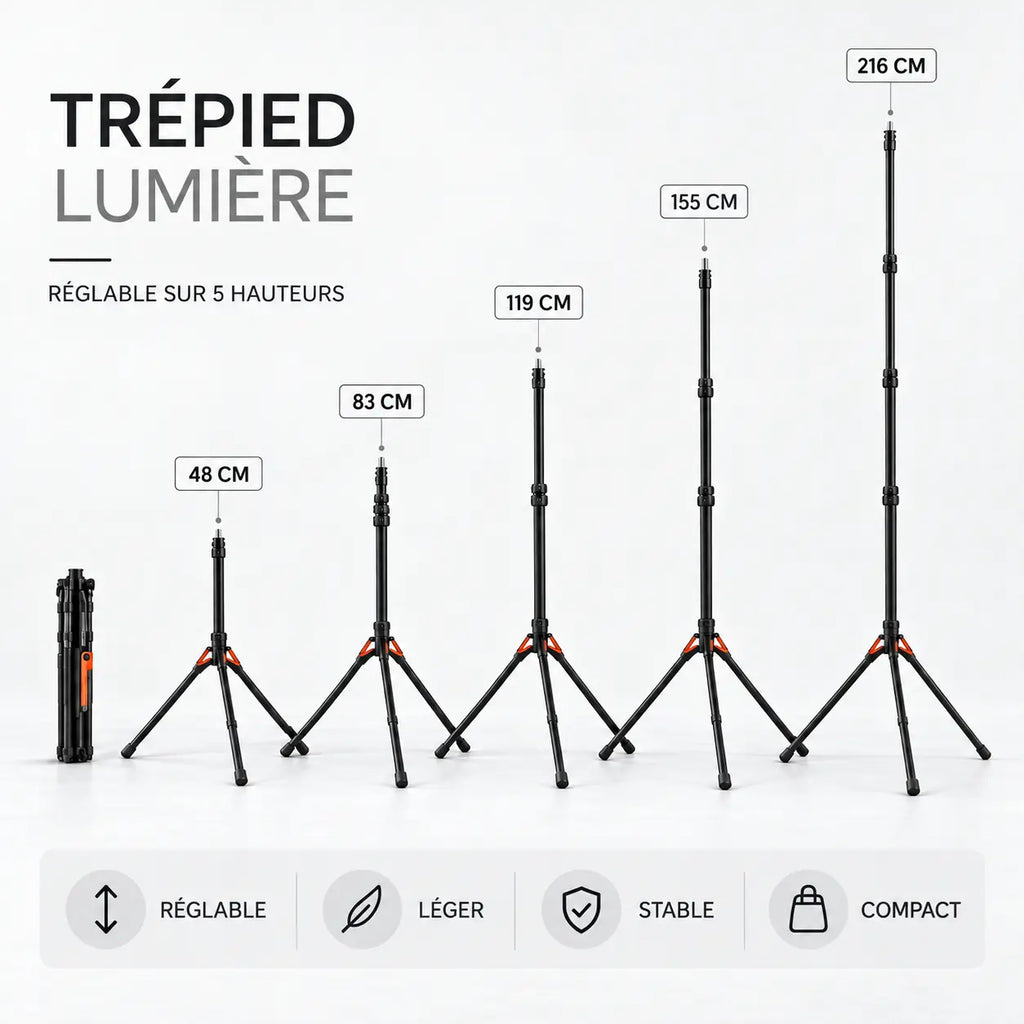 Trépied Lumière 216 CM Motifs Oranges - vue de détail du trépied pour lumière, Ring Light & Softbox, Sac de Transport inclus