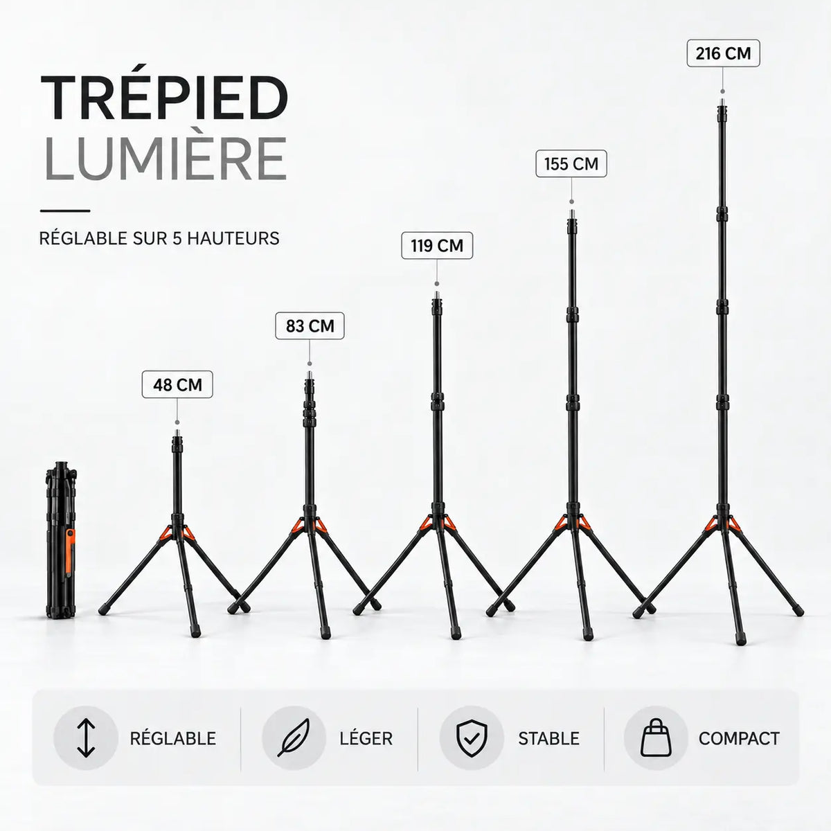 Trépied Lumière 216 CM Motifs Oranges - vue de détail du trépied pour lumière, Ring Light & Softbox, Sac de Transport inclus