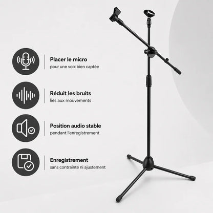Trépied micro noir avec double support micro en haut de la perche boom - infographie 4 avantages : placer le micro pour voix bien captee, reduit les bruits, position audio stable, enregistrement sans contrainte