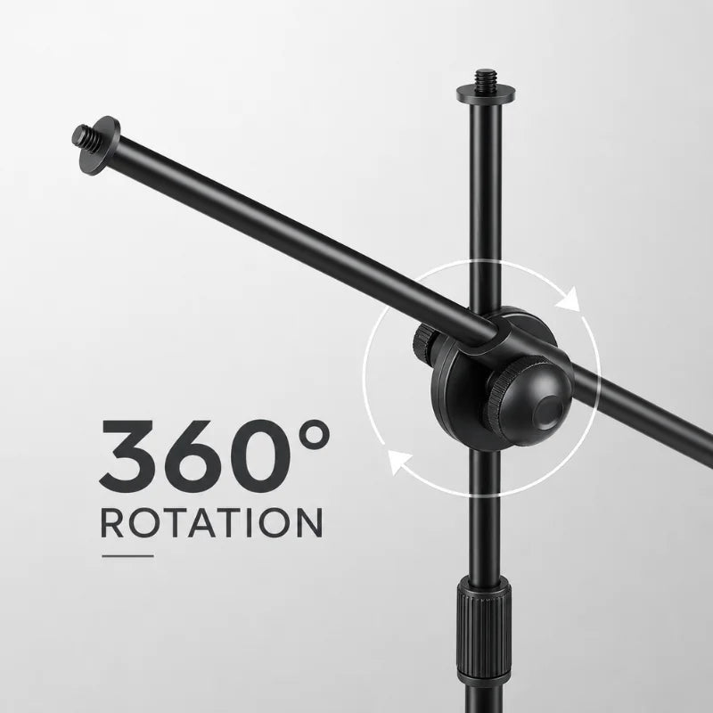 Gros plan jonction de la perche boom trépied micro noir - rotation 360 degres, orientation libre et précise avec deux vis de serrage