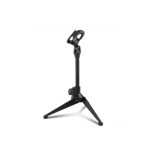 Trépied de bureau pour microphone tout noir avec pince universelle en haut sur fond blanc