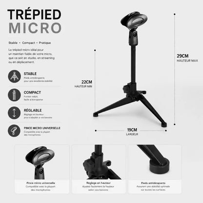 Infographie trépied micro portable noir : hauteur 22 à 29 cm, largeur 19 cm, stable, compact, réglable, pince micro universelle