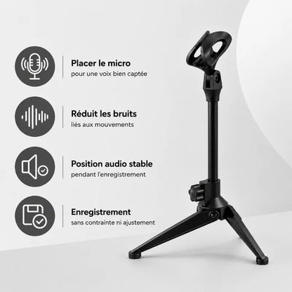 Trépied micro noir avec infographie 4 avantages : placement micro optimal, réduction des bruits, position audio stable, enregistrement sans contrainte
