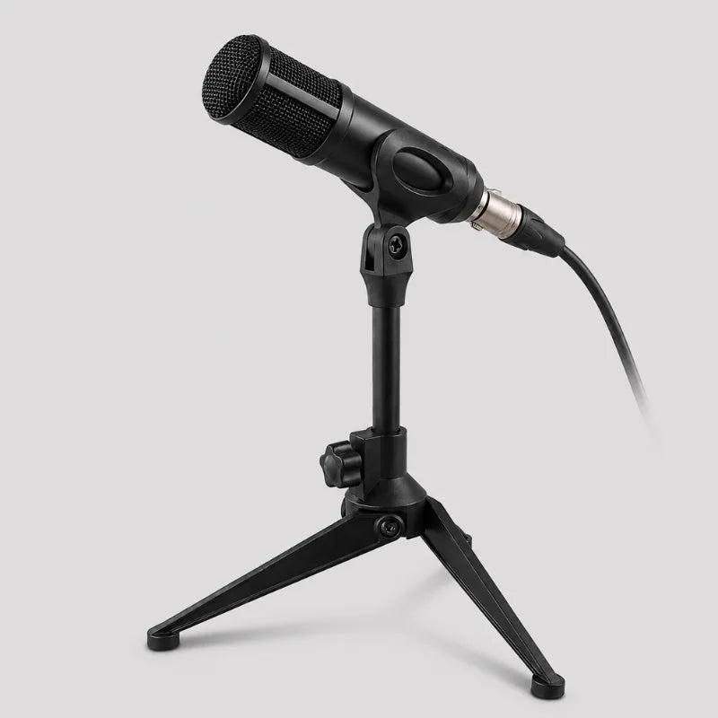 Microphone condensateur noir filaire monté incliné sur trépied de bureau noir, fond gris clair