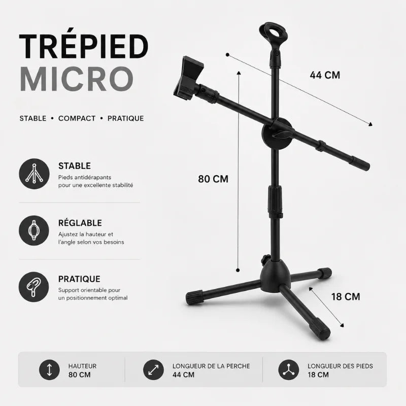 Infographie trépied micro 80 cm : hauteur 80 cm, longueur perche 44 cm, longueur pieds 18 cm - 3 avantages : stable pieds antidérapants, réglable en hauteur et angle, pratique support orientable