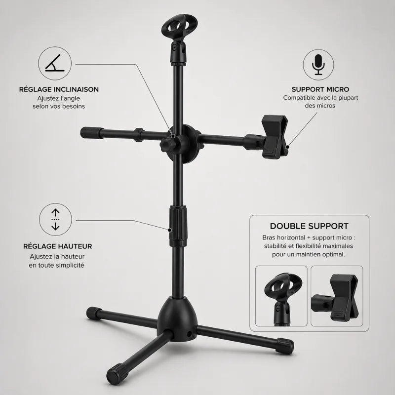 Infographie trépied micro double support : réglage inclinaison, support micro compatible la plupart des micros, réglage hauteur, bras horizontal et support micro - gros plan support micro et clip téléphone