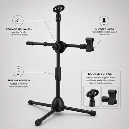 Infographie trépied micro double support : réglage inclinaison, support micro compatible la plupart des micros, réglage hauteur, bras horizontal et support micro - gros plan support micro et clip téléphone