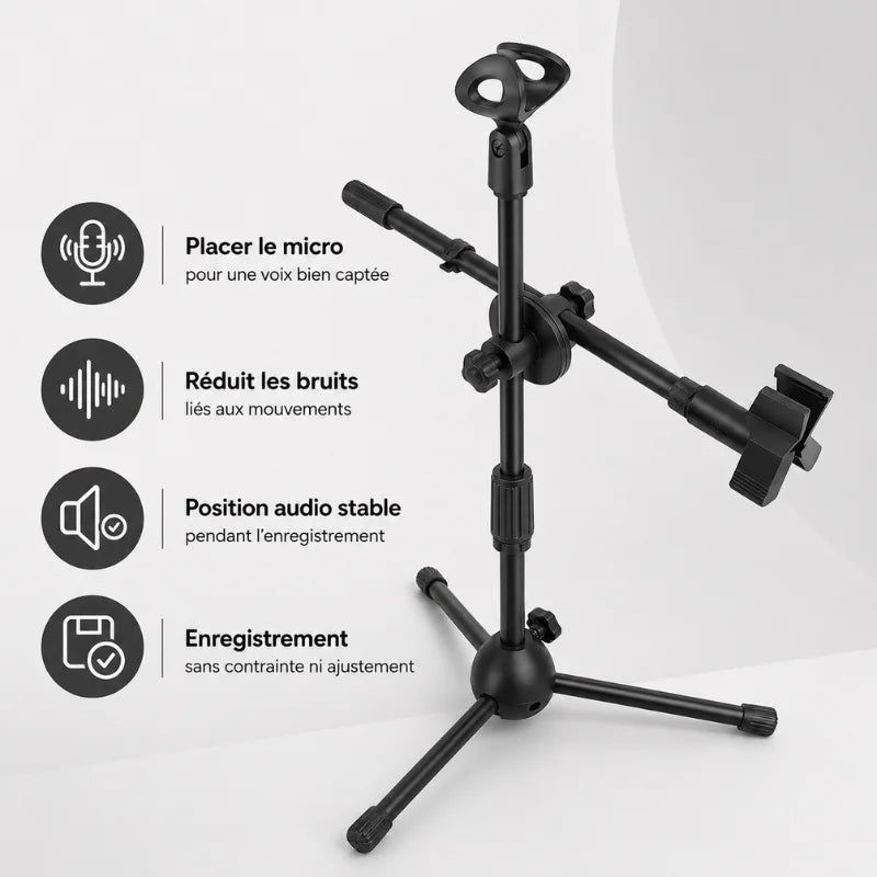 Trépied micro noir avec bras horizontal et clip téléphone noir d un côté, support micro en haut - infographie 4 avantages : placer micro pour voix bien captee, reduire bruits, position audio stable, enregistrement sans contrainte