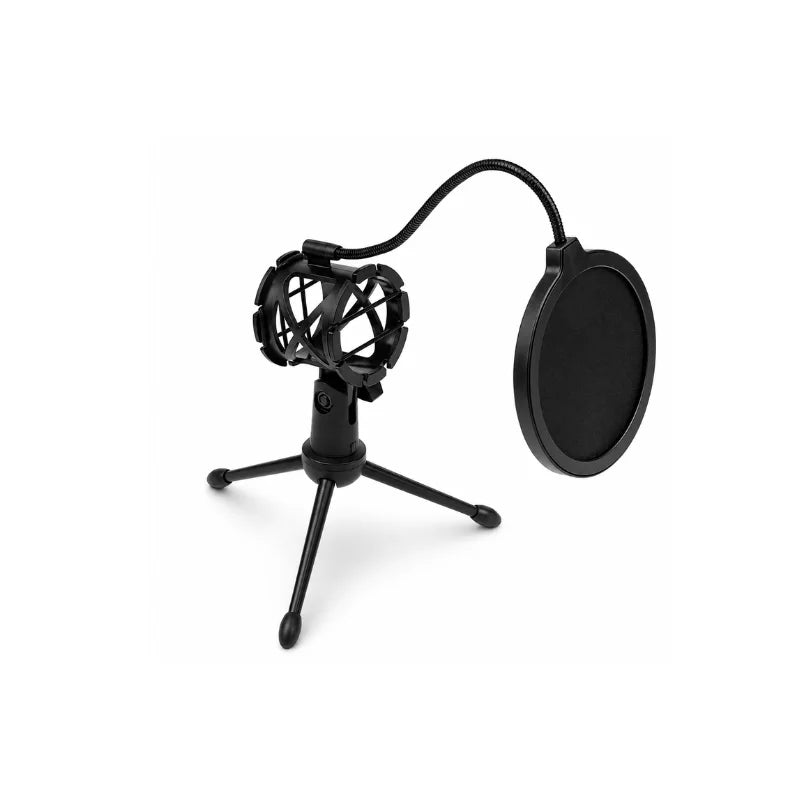 Mini trépied micro noir avec cage suspension noire et filtre anti-pop rond sur bras flexible noir, sur fond blanc
