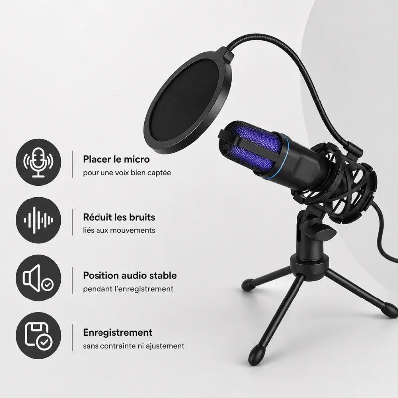 Mini trépied micro noir avec microphone condenser noir et bleu monté en cage suspension et filtre anti-pop - infographie 4 avantages : placer le micro pour voix bien captee, reduit les bruits, position audio stable, enregistrement sans contrainte