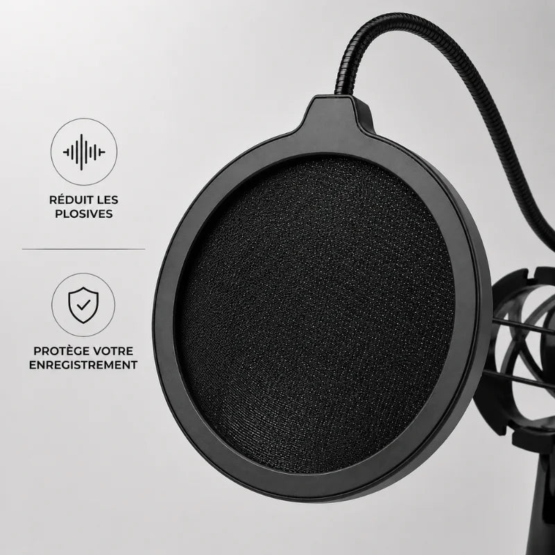 Gros plan filtre anti-pop noir sur bras flexible - infographie : reduit les plosives, protège votre enregistrement