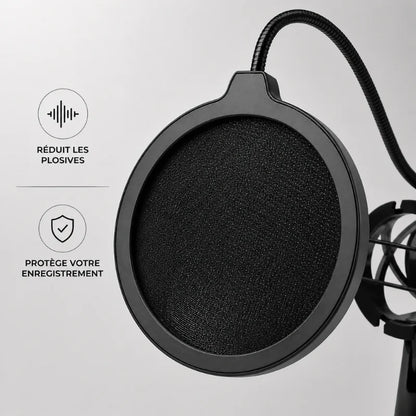 Gros plan filtre anti-pop noir sur bras flexible - infographie : reduit les plosives, protège votre enregistrement