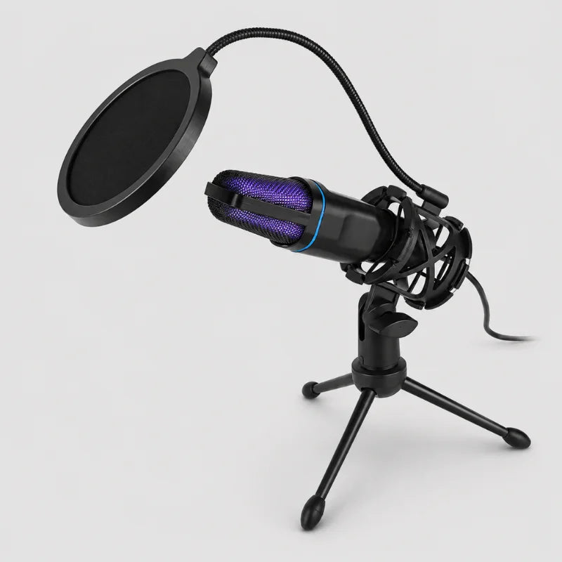 Mini trépied micro noir avec microphone condenser noir et bleu monté en cage suspension et filtre anti-pop incline, vue de côté sur fond gris clair