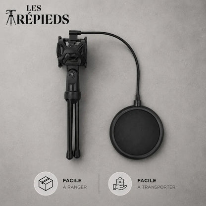 Mini trépied micro noir et filtre anti-pop noir posés à plat sur fond gris beton - logo Les Trépieds - infographie : facile a ranger, facile a transporter
