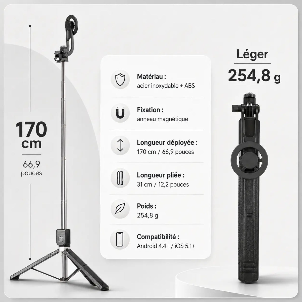 Trépied Perche Selfie 170 CM Noir Aluminium | Fixation Magnétique & Télécommande Bluetooth | Selfie, Live & Voyage - vue 2