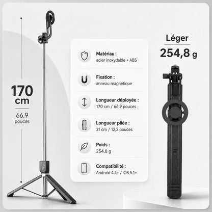 Trépied Perche Selfie 170 CM Noir Aluminium | Fixation Magnétique & Télécommande Bluetooth | Selfie, Live & Voyage - vue 2