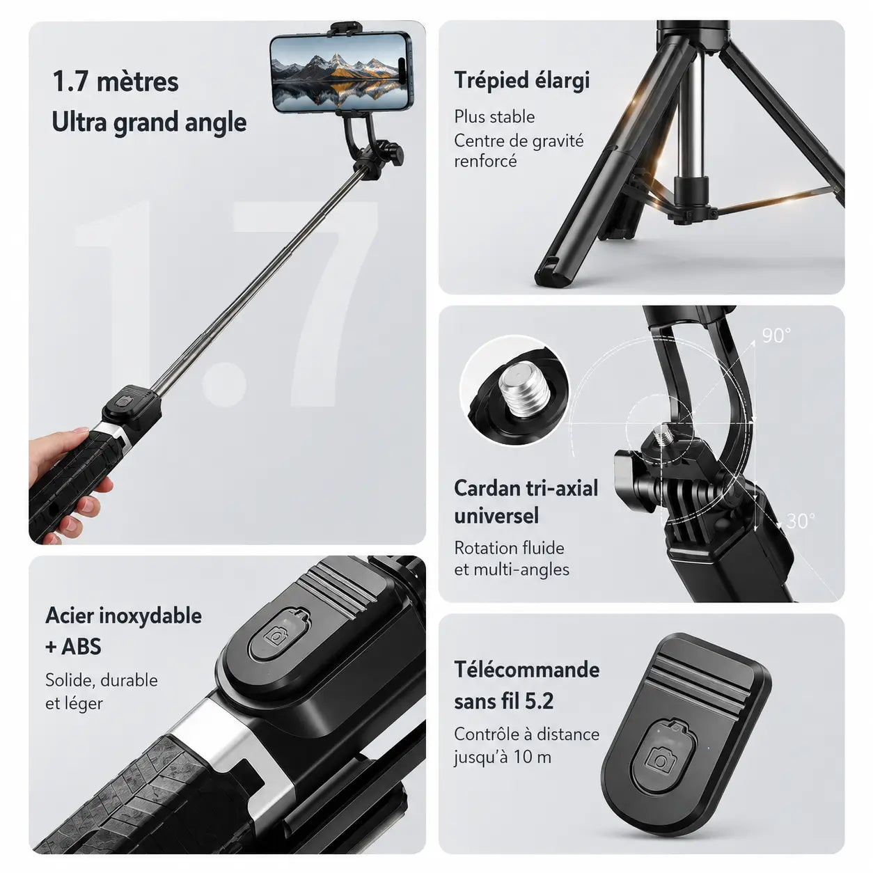 Trépied Perche Selfie 170 CM Noir Aluminium | Fixation Magnétique & Télécommande Bluetooth | Selfie, Live & Voyage - vue 3