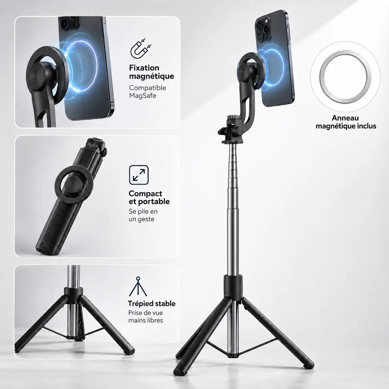 Trépied Perche Selfie 170 CM Noir Aluminium | Fixation Magnétique & Télécommande Bluetooth | Selfie, Live & Voyage - vue 4