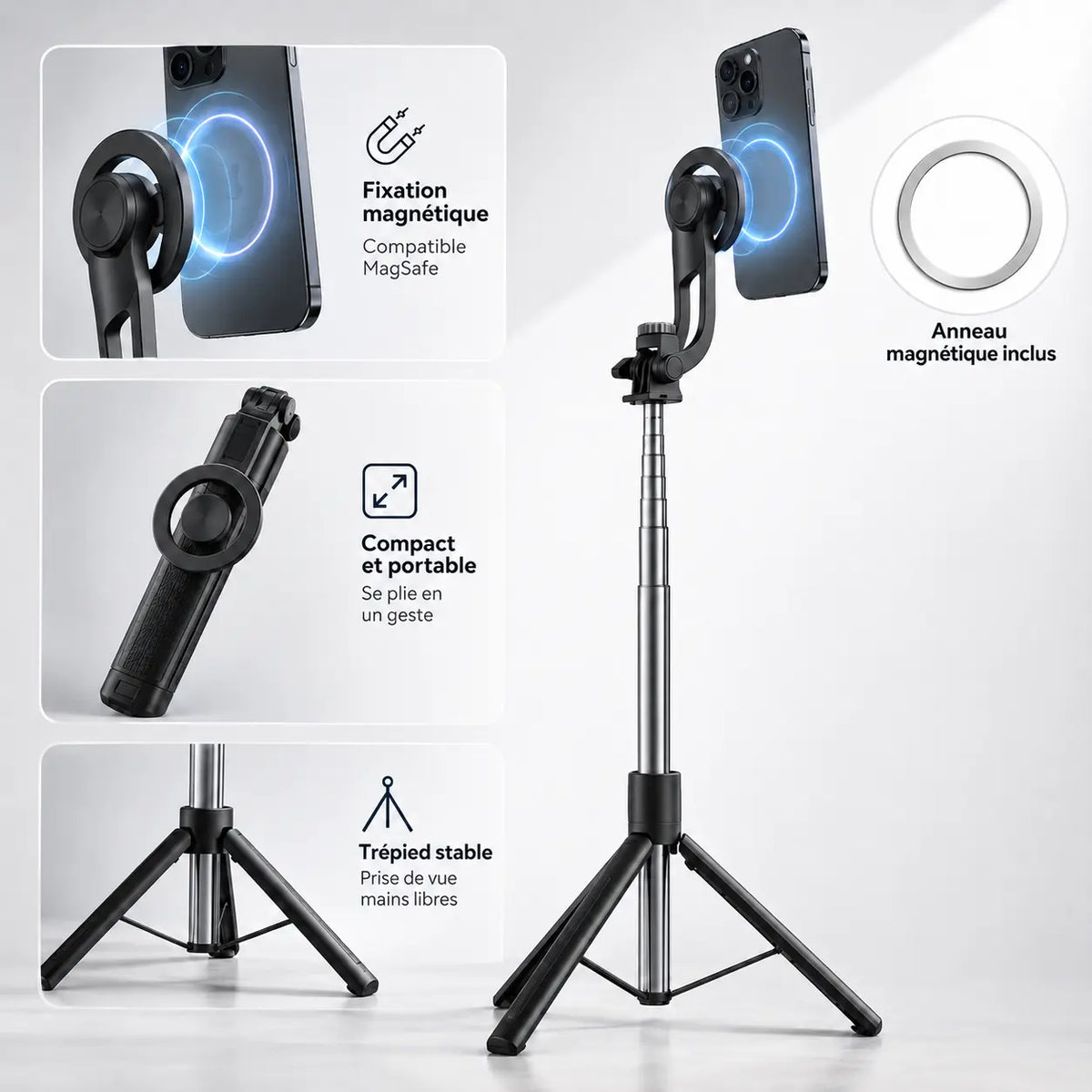 Trépied Perche Selfie 170 CM Noir Aluminium | Fixation Magnétique & Télécommande Bluetooth | Selfie, Live & Voyage - vue 4
