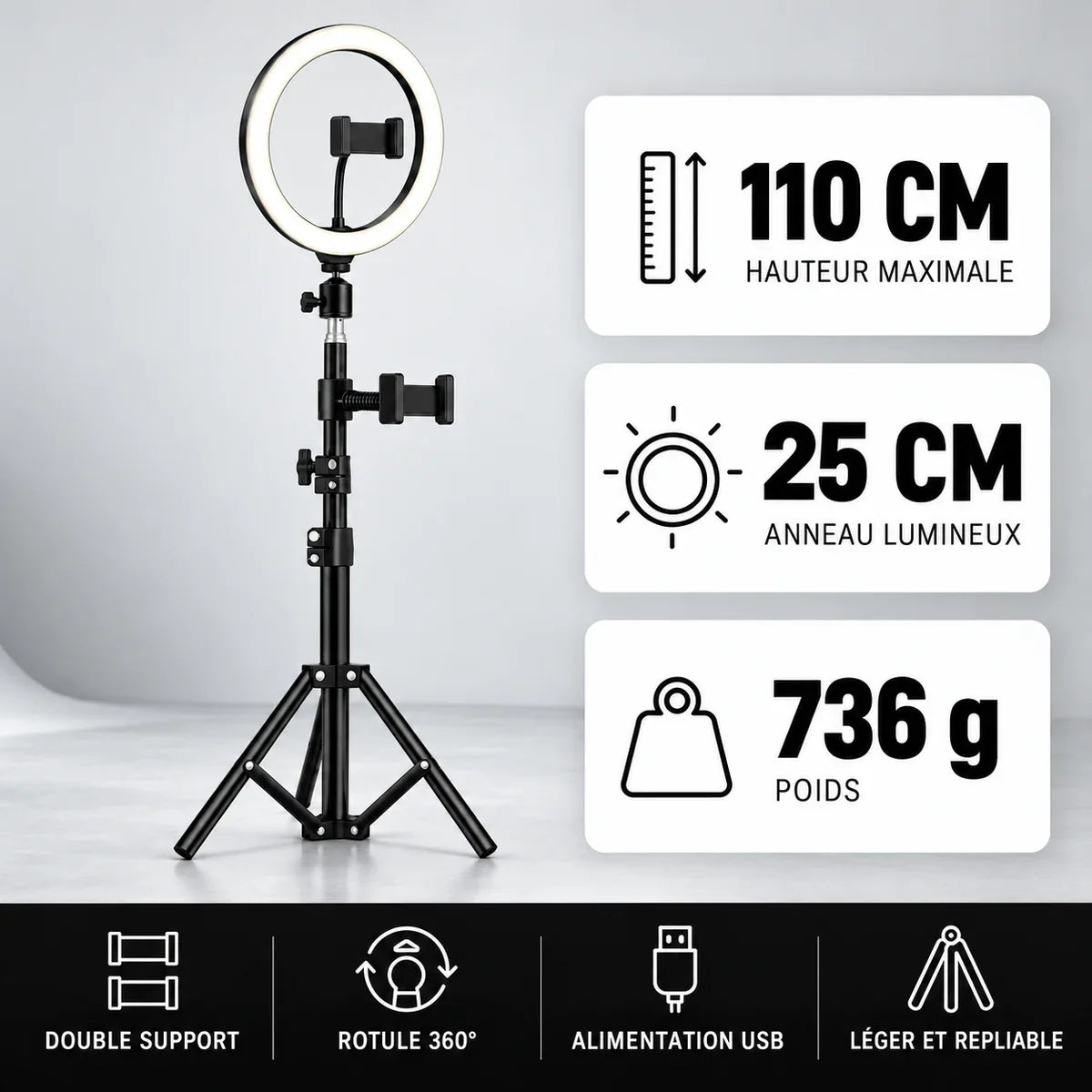 Trépied ring light 110 cm, 110 cm, anneau de 25 cm, 736 g
