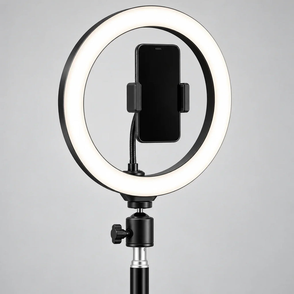 Trépied ring light 110 cm, téléphone au centre de l'anneau