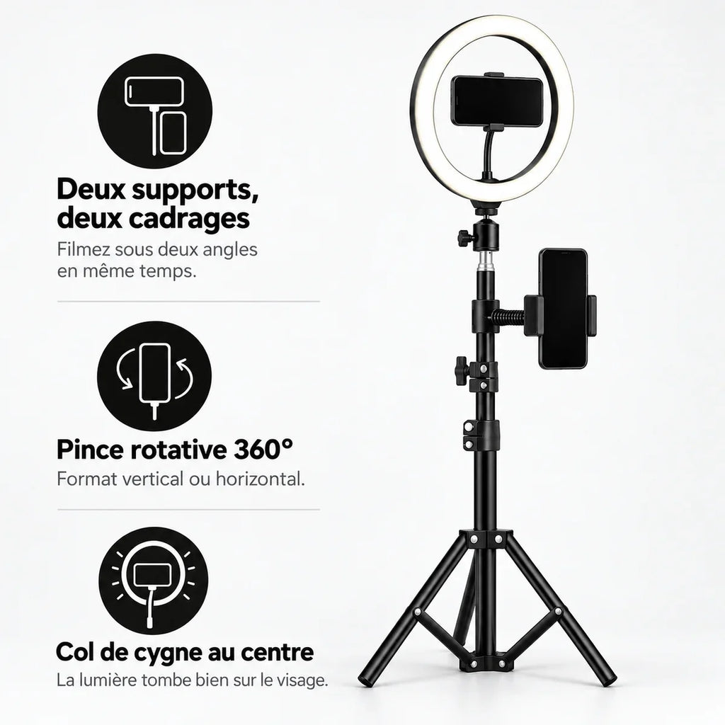 Trépied ring light 110 cm, deux supports et pince rotative