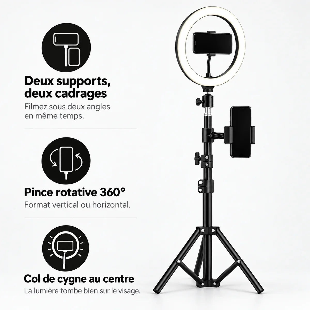 Trépied ring light 110 cm, deux supports et pince rotative