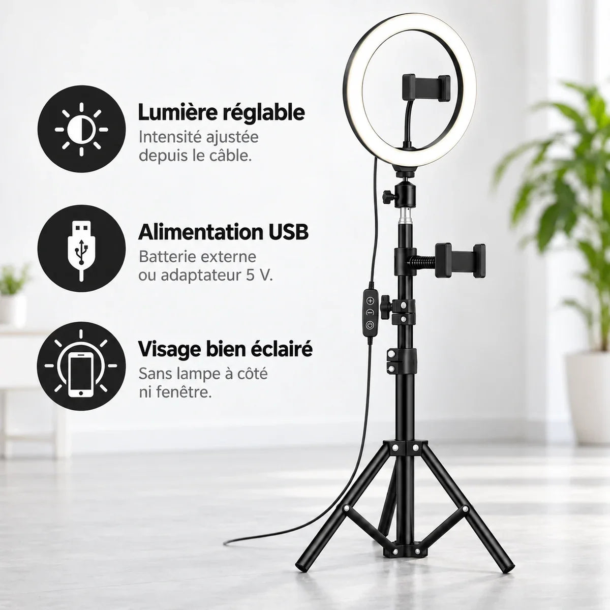 Trépied ring light 110 cm, lumière réglable et alimentation USB